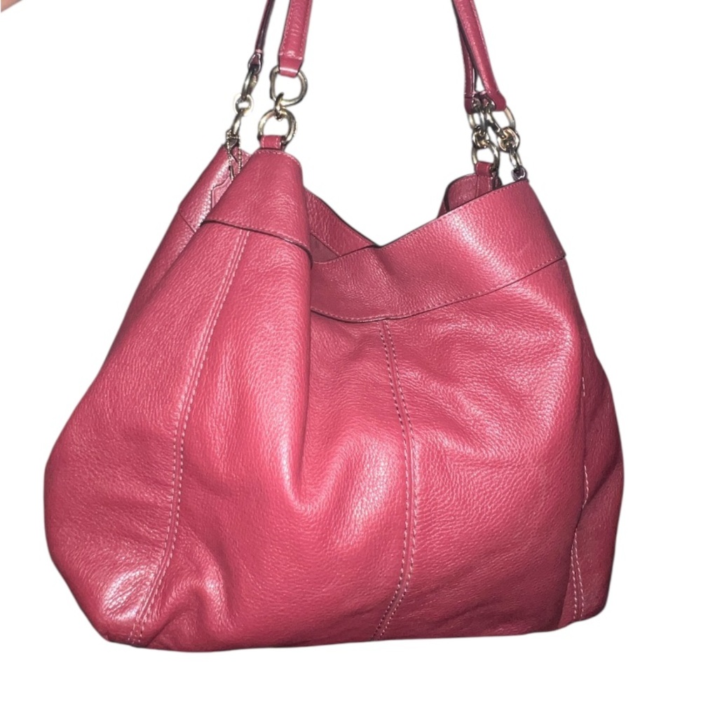Coach Lexy Shoulder Bag, likely in a raspberry red or pink pebbled leather. - Picture 2 of 4